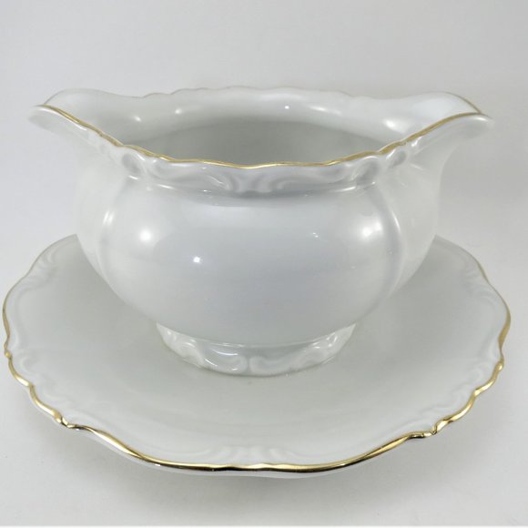 Edelstein Gravy Boat Maris Teresia Bavaria Germany Attached Underplate EUC - Picture 1 of 5